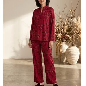 Natori Red Floral Mandarin Pajama Set - Long Sleeve & Wide Leg Pants
